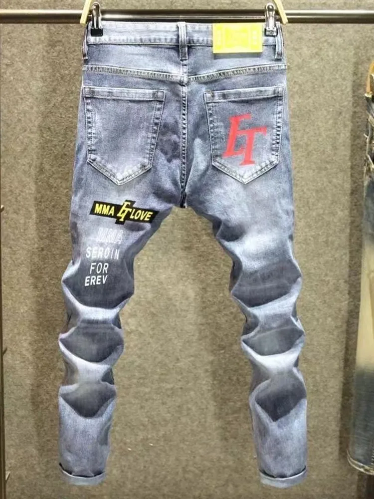 Autumn and Spring Printed Straight Leg Vintage Sports Denim Pants for Men Casual Comfortable High Quality Elastic Denim Pants