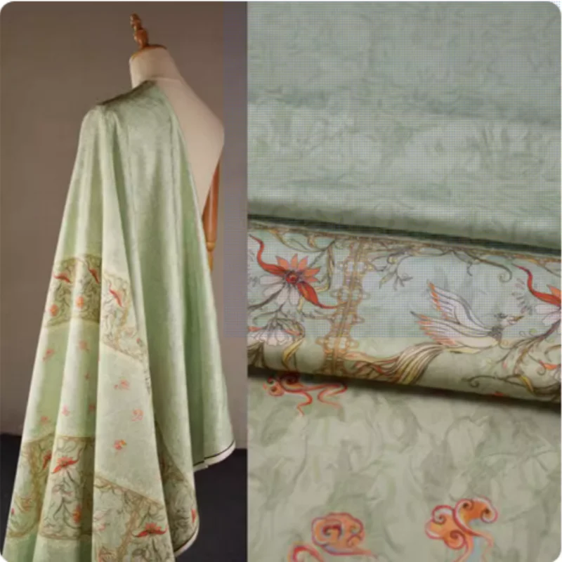 China Wind Classical Light Green Print Jaquard Satin Fabric for Dress Han Cloth Garment Sewing Material, T2125