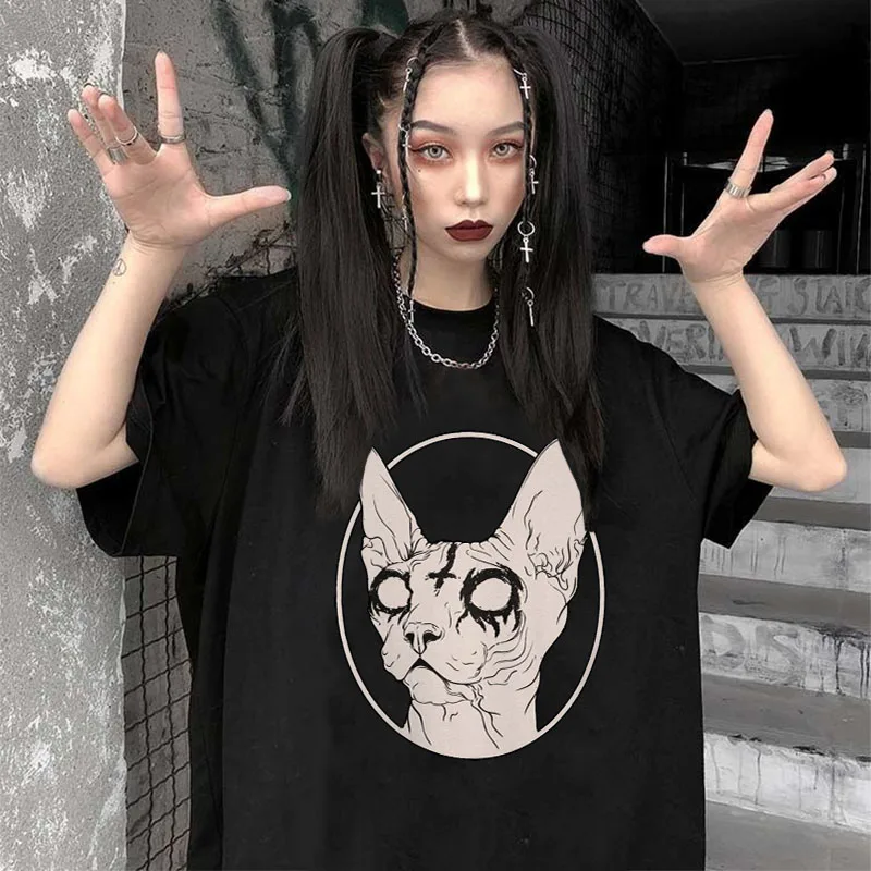 Oversize T Shirt Harajuku Death Metal Sphynx Cat Print Graphic T Shirts Women Gothic Tshirt Female Summer Tops Tee Woman Clothes