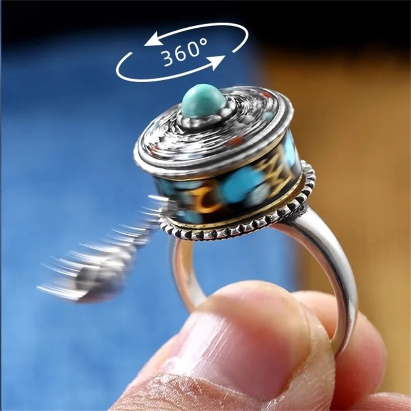 Vintage Six Character Great Bright Mantra Ring For Men Jewelry Blessing Rotatable Wheel Ring Women Finger Accessories