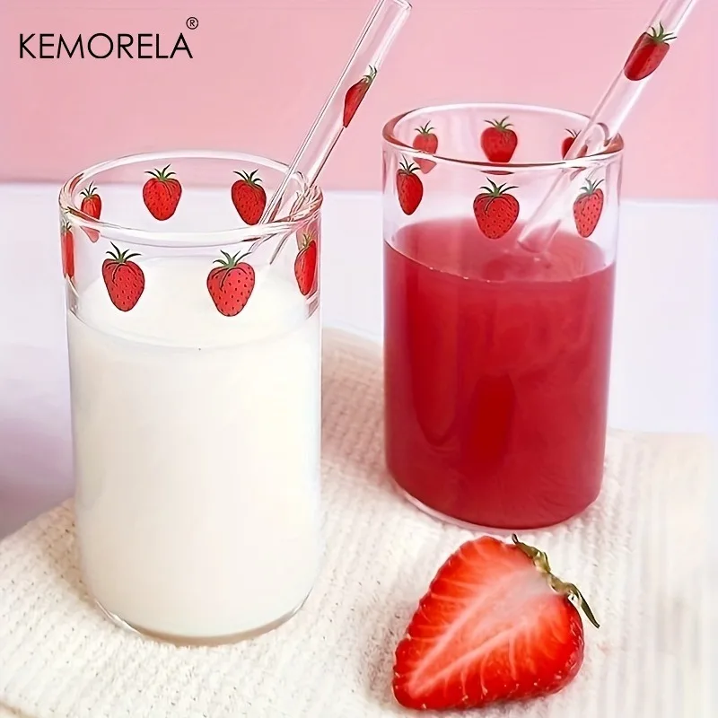 1/2PCS Cute Strawberry Glass Cup with Straw 300ml Adorable Water Milk And Coffee Mug Gift for Students Drinkware for Home School