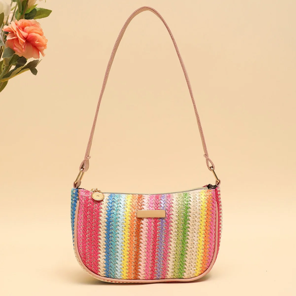 Rainbow Straw Bag Woven Underarm Bag Versatile Girls Shoulder Crossbody Beach Bag