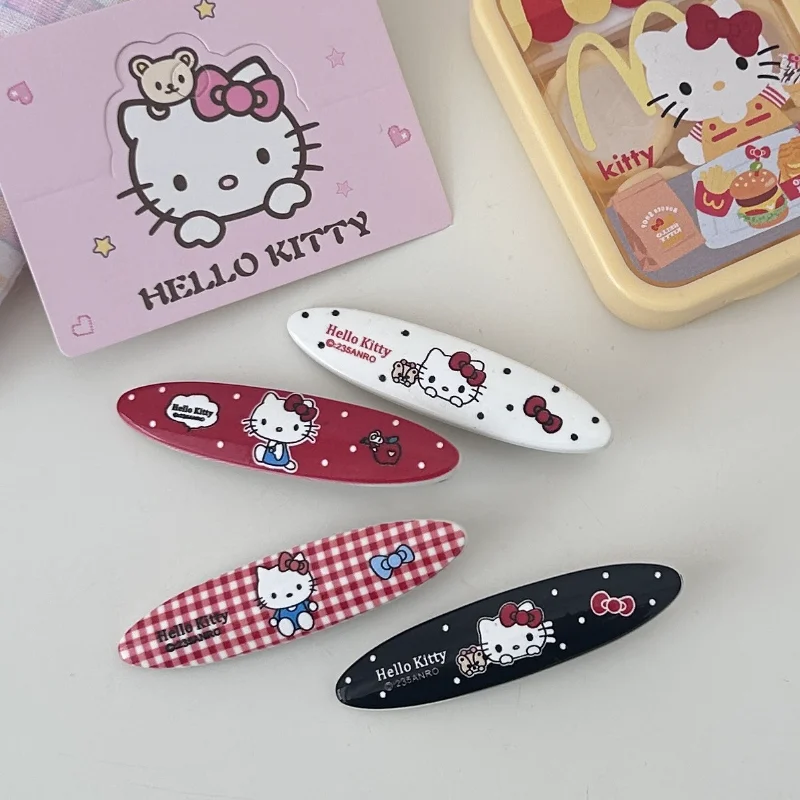 

Cute Hello Kitty Four Long Oval Long Edge Hair Clips for Girls' Hearts Sweet Cartoon Duckbill Clip Checkered Bangs Edge Clip