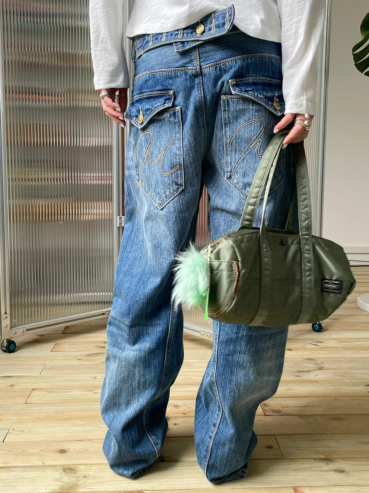 

Blue Bamboo Fiber Denim Jeans Women's Casual Straight Leg Jeans Waed out Vintage Sle l Waist Button Fly Cotton