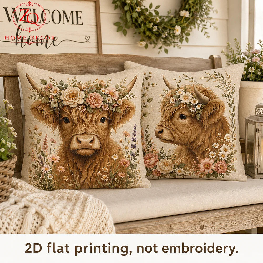 2 Pcs Highland Cow Cushion Covers 2D Flat Printed Peach Skin Throw Pillowcase Farmhouse Room Decor Coussin Sofa Bed