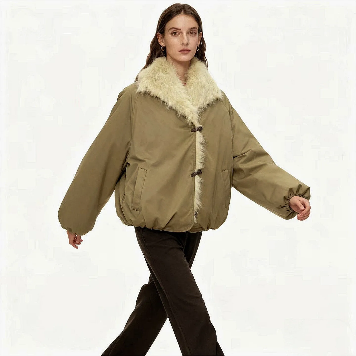 Fluffy Oversized Collar Cotton Jacket Women's Autumn Winter New Style American Artificial Fur Effect Button Cotton Coat