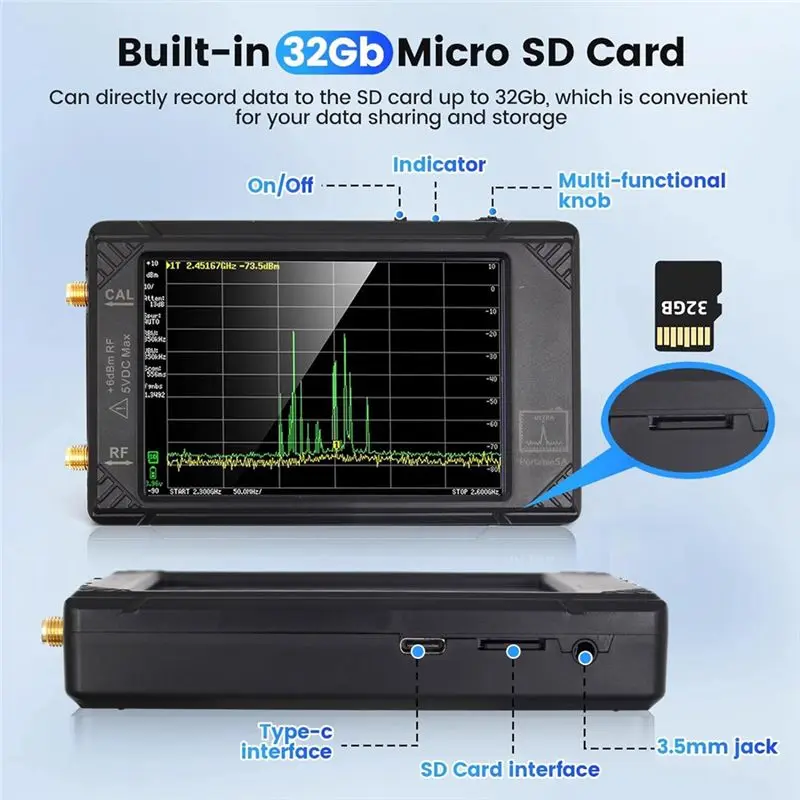 For ULTRA Portable SA 4Inch Handheld Spectrum Analyzer 100K-5.3Ghz RF Signal Generator With 32GB Card-AT30