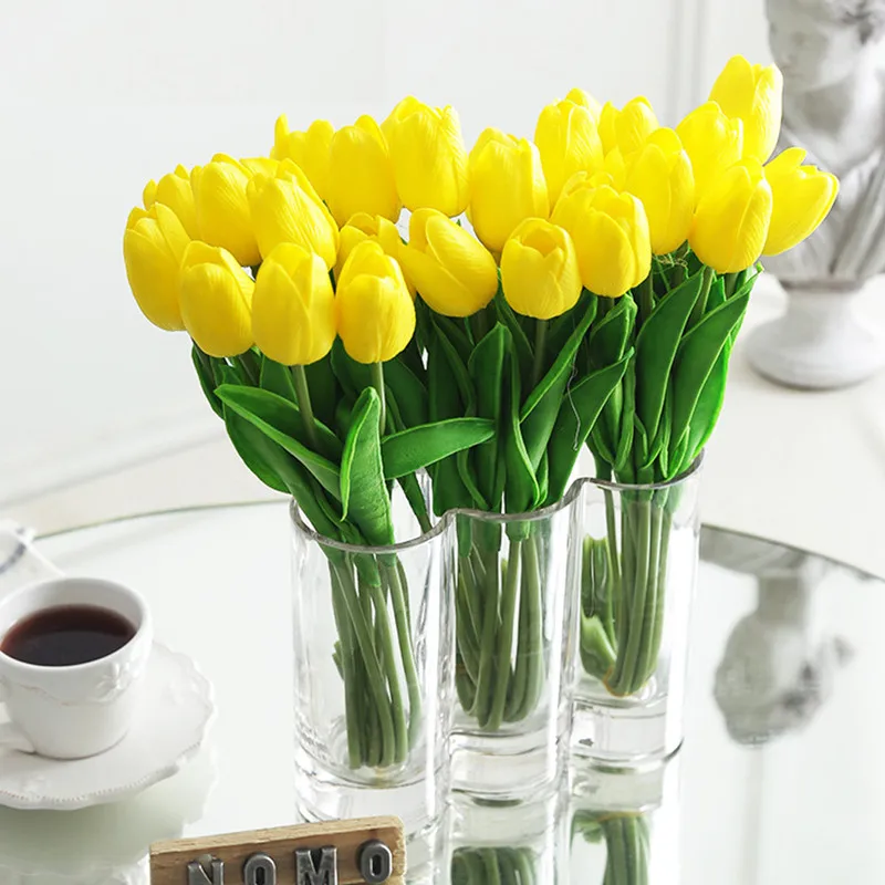 10pcs Artificial Tulip Flowers White Yellow Real Touch Tulips Bouquet For Home Garden Decor Wedding Birthday Party Fake Flower