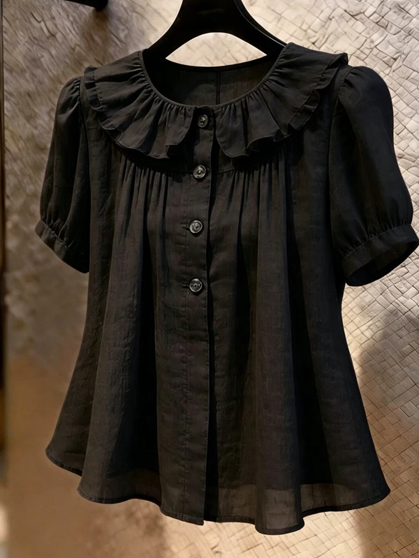 

Black Puffy Sleeve Shirt Women's Loose Fit Floral Collar Summer Slimming Top Fashionable Gentle Style Short Sleeve Casual Wear