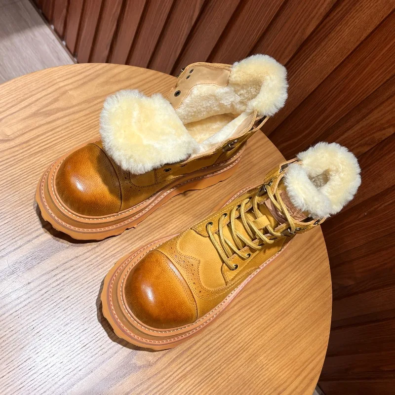 

Походные мотоциклетные винтажные зимние ботинки ручной работы из натуральной кожи с круглым носком, мужская обувь, зимние теплые шерстяные ботильоны, мужские