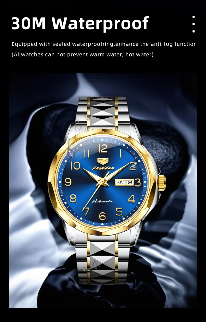 

JINSHIDUN 8990 Brand original authentic tungsten steel strap double calendar men's mechanical watch