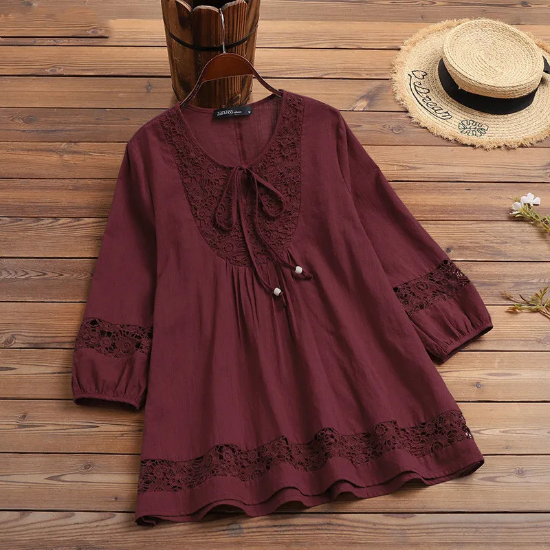 T-shirt temperamento da donna Primavera Autunno Cotone Canapa Splicing Hollow Lace Elegante girocollo Allentato T-shirt manica 3/4 Camicia