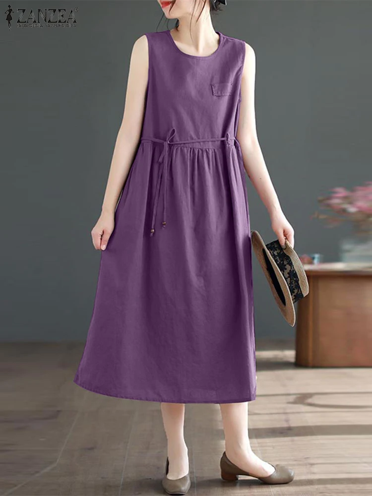 ZANZEA 2024 فستان صيفي نسائي غير رسمي بدون أكمام فستان صيفي ميدي سادة موضة فضفاضة لقضاء العطلات على الشاطئ فيستدوس سارافان رداء نسائي