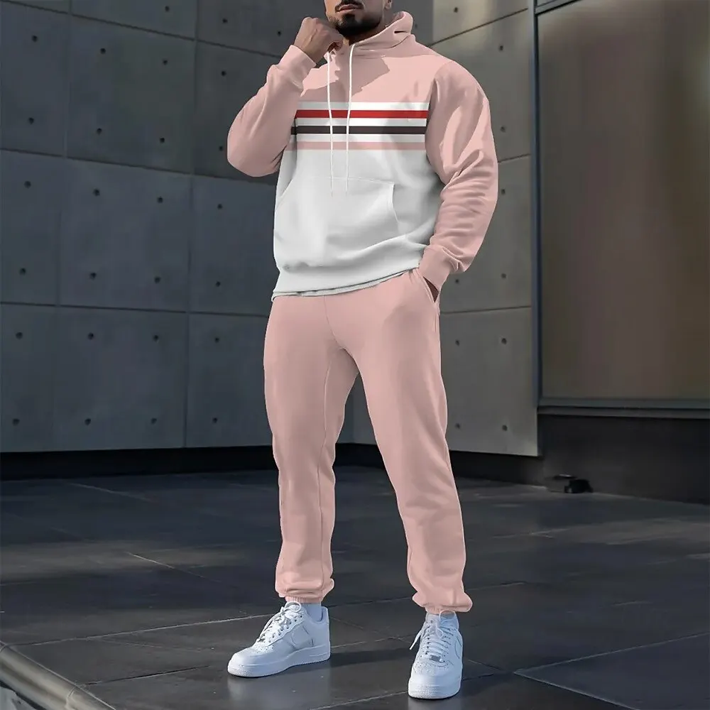 심플한 스트라이프 프린트 남성 후드 세트 가을 겨울 캐주얼 스웨트셔츠 바지 투피스 패션 고품질 체육관 스포츠 의류