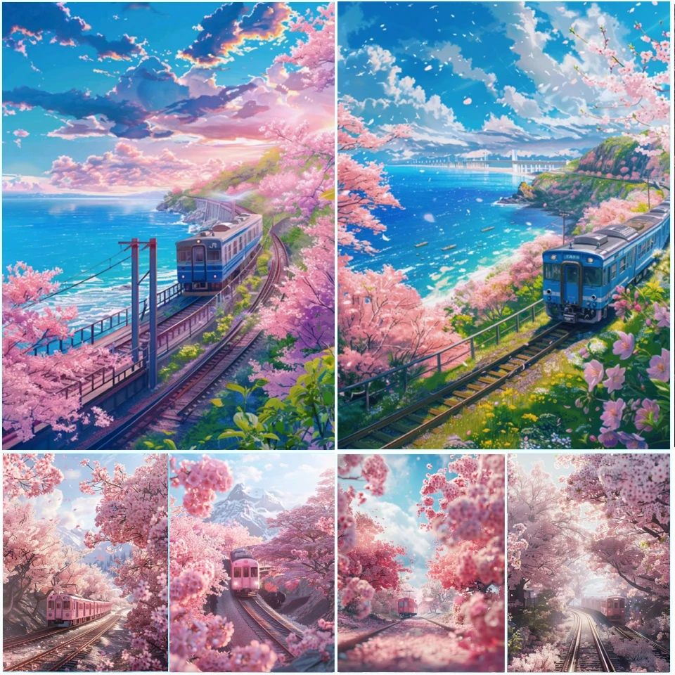 5d Diamant Kunst Malerei Kits Handwerk Fantasie Sakura Zug Mosaik Stickerei Landschaft DIY Kreuz Stich Strass Hoom Decor Geschenk