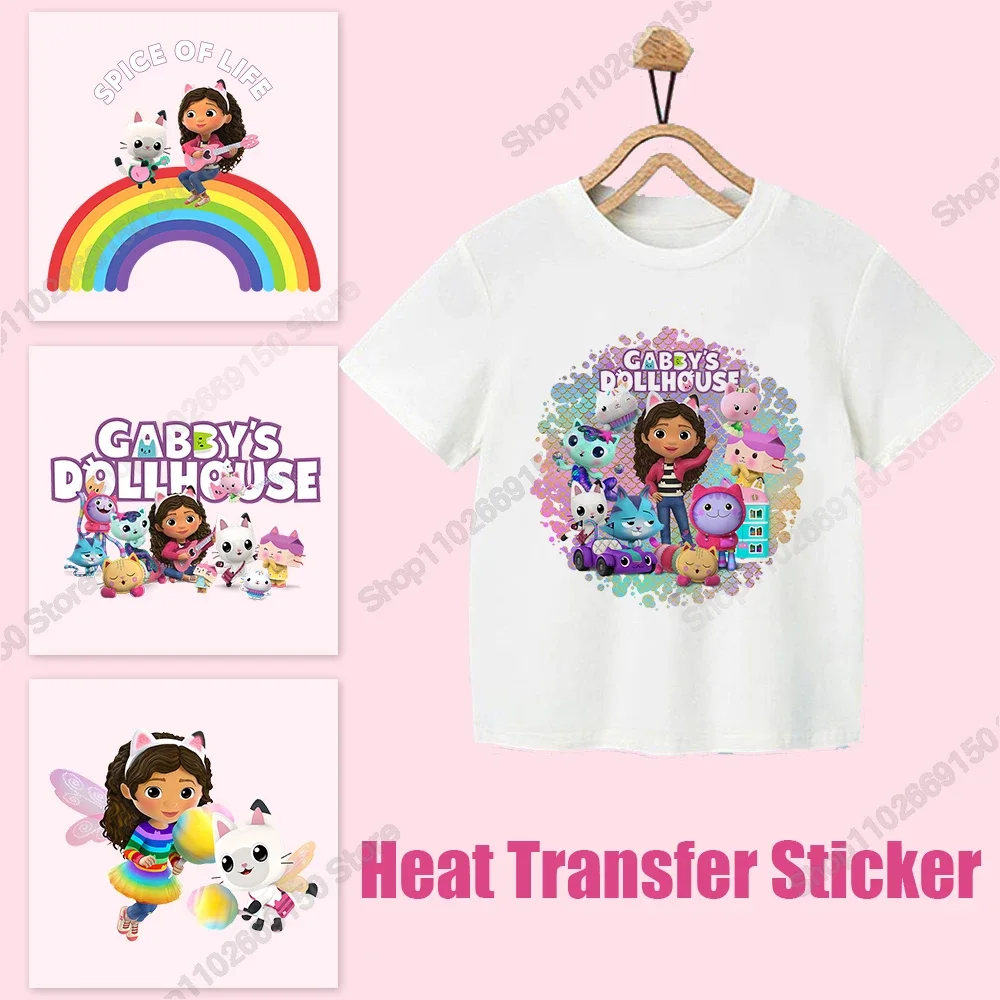 Gabby Dollhouses Anime Kawaii Heat Transfer Sticker Kids Cartoon Cute Clothes Appliques DIY Decal Fashion Iron on Patches Gifts