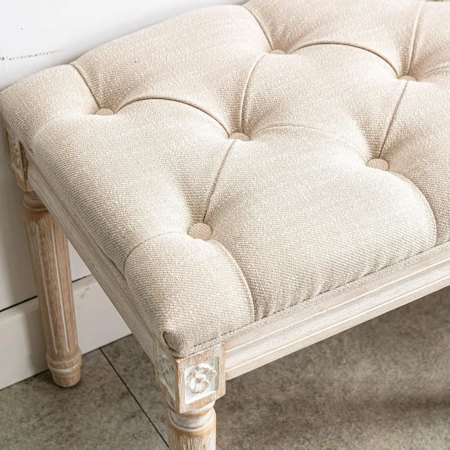 Eetbank Franse vintage stof gestoffeerd hout Eetkamerbank Rustieke entreebank Slaapkamer eindbedbank, Beige