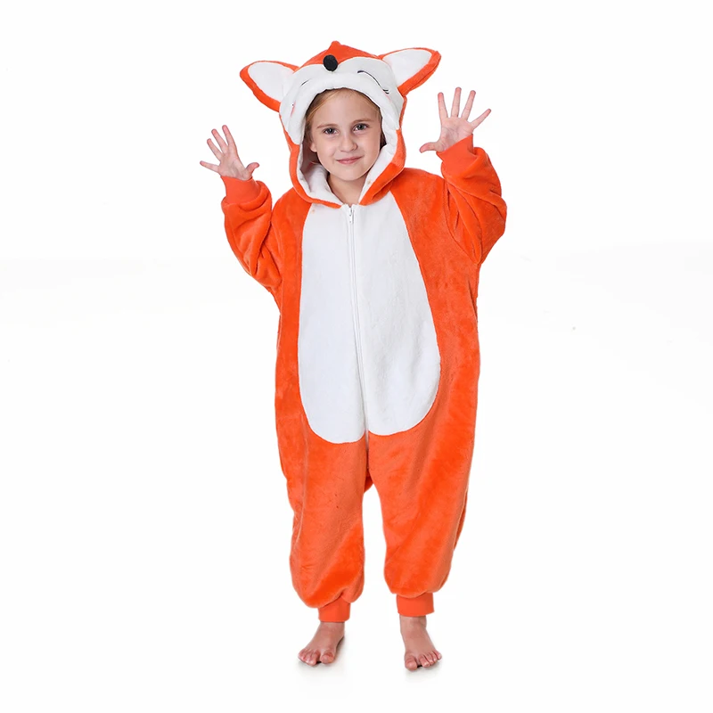 Fox Costume for Kids Deluxe Long Sleeve Zip Up Hooded Jumpsuit with Tail Halloween Cosplay Outfit