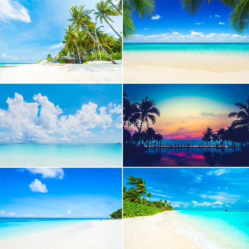 

Beautiful Paradise Island Coconut Palm Tree Photography Backdrops Maldives Tropical Beach Sea Blue Sky Summer Background AB-04