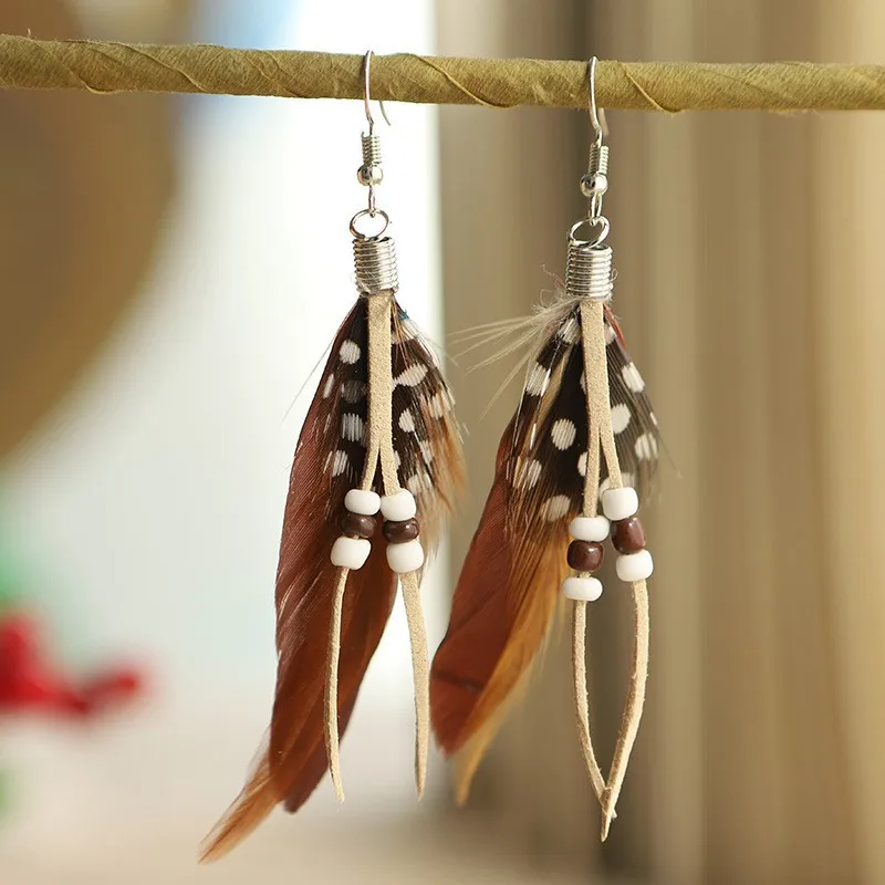 Bohemia Retro Feather Beaded Khaki Dangle Earrings Women 2023 Vintage Ethnic Style Long Drop Earrings Wedding Jewelry brincos