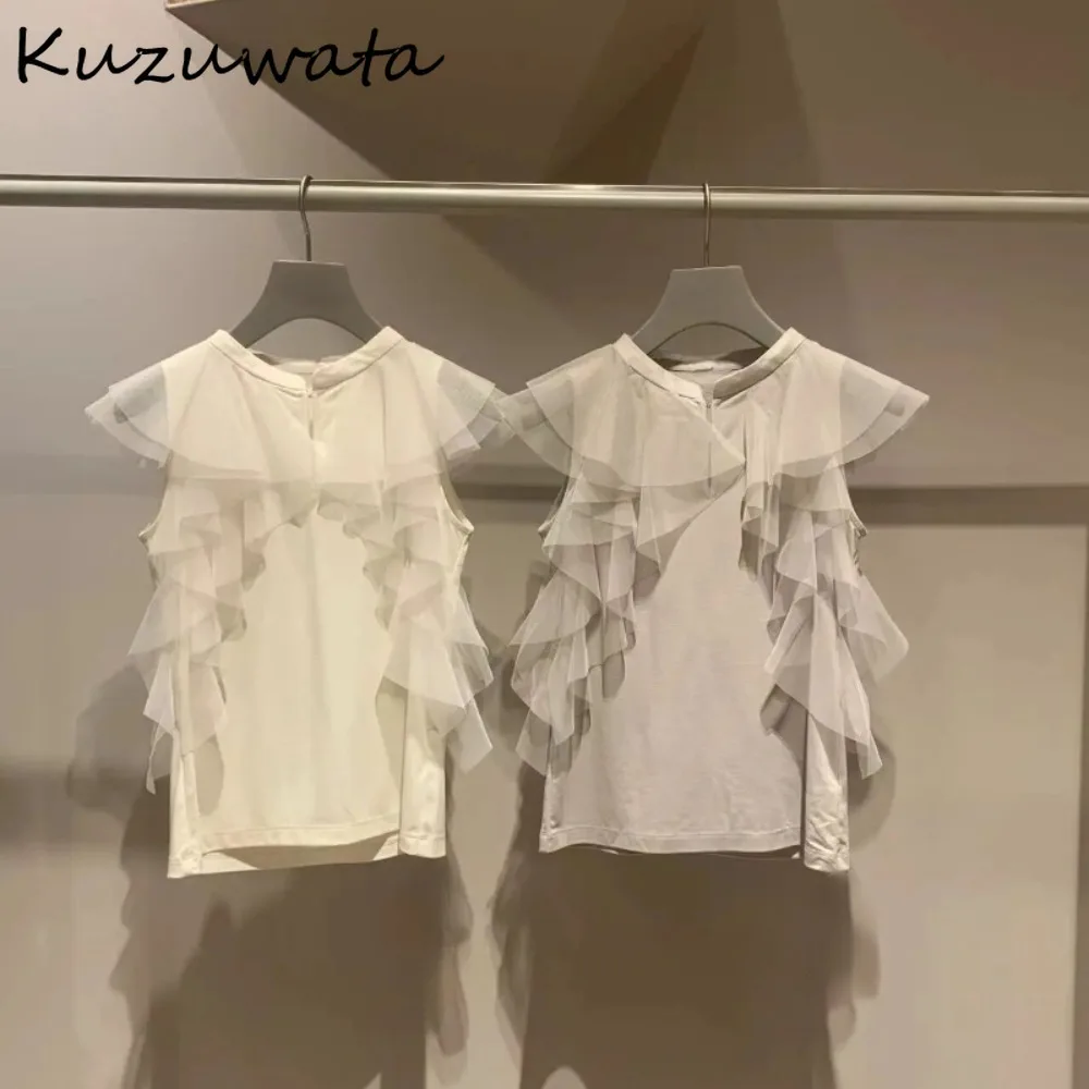 Kuzuwata Summer New Stand Collar Butterfly Sleeve Ropa Mujer All-match Sweet Elegant Ruffles Shirt Japan Fresh Voile Chiffon Top