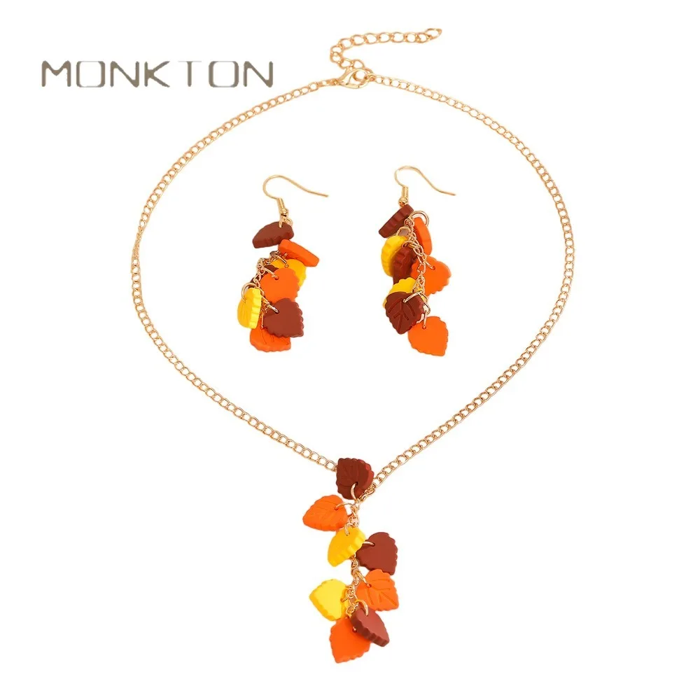 Monkton Autumn Maple Leaf Jewelry Set for Women Acrylic Colorful Maple Leaf Necklace Earrings Fall Thanksgiving Party Gifts
