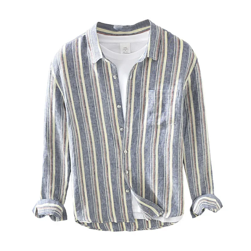 

Japanese retro striped linen shirt for men's spring and summer thin casual square neck artistic fresh long sleeved shirt