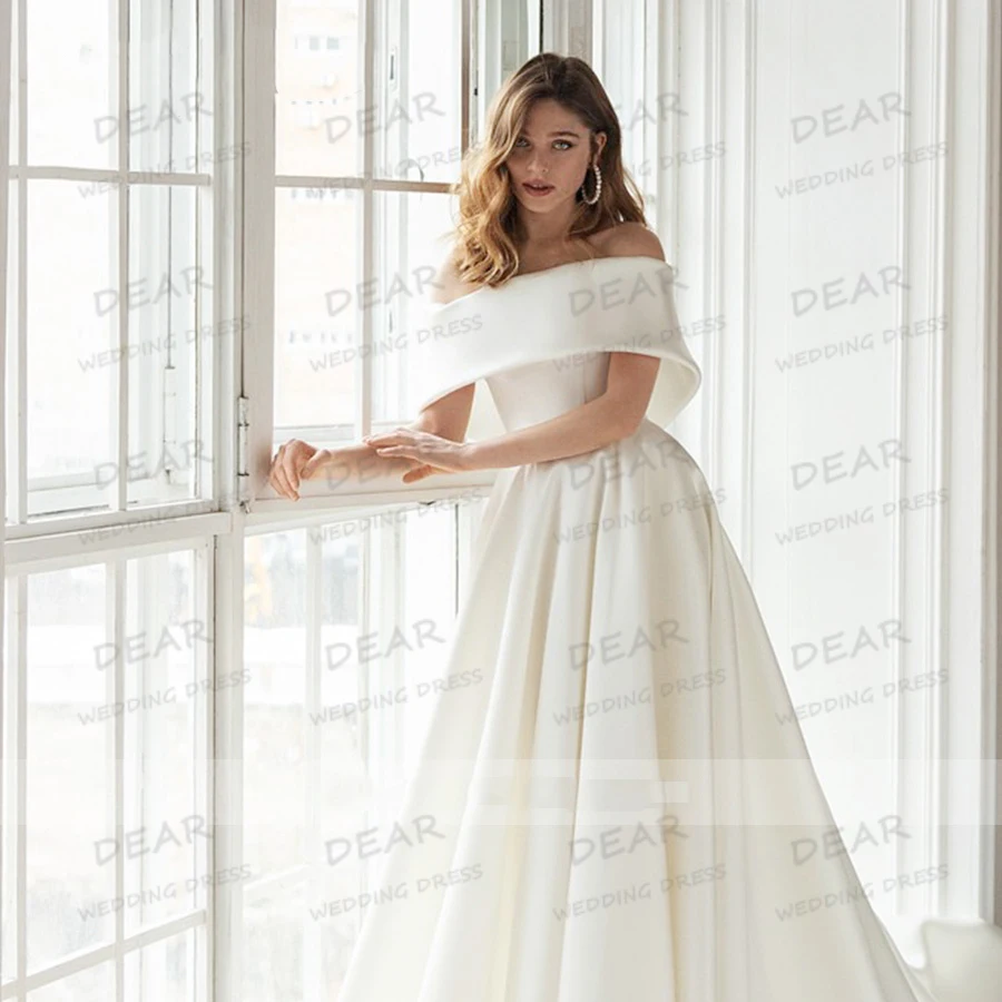 Simple A Line ชุดแต่งงานผู้หญิงเซ็กซี่ปิดไหล่แขนกุดจีบซาติน Elegant ชุดเจ้าสาว Vestidos De Novia ที่กําหนดเอง
