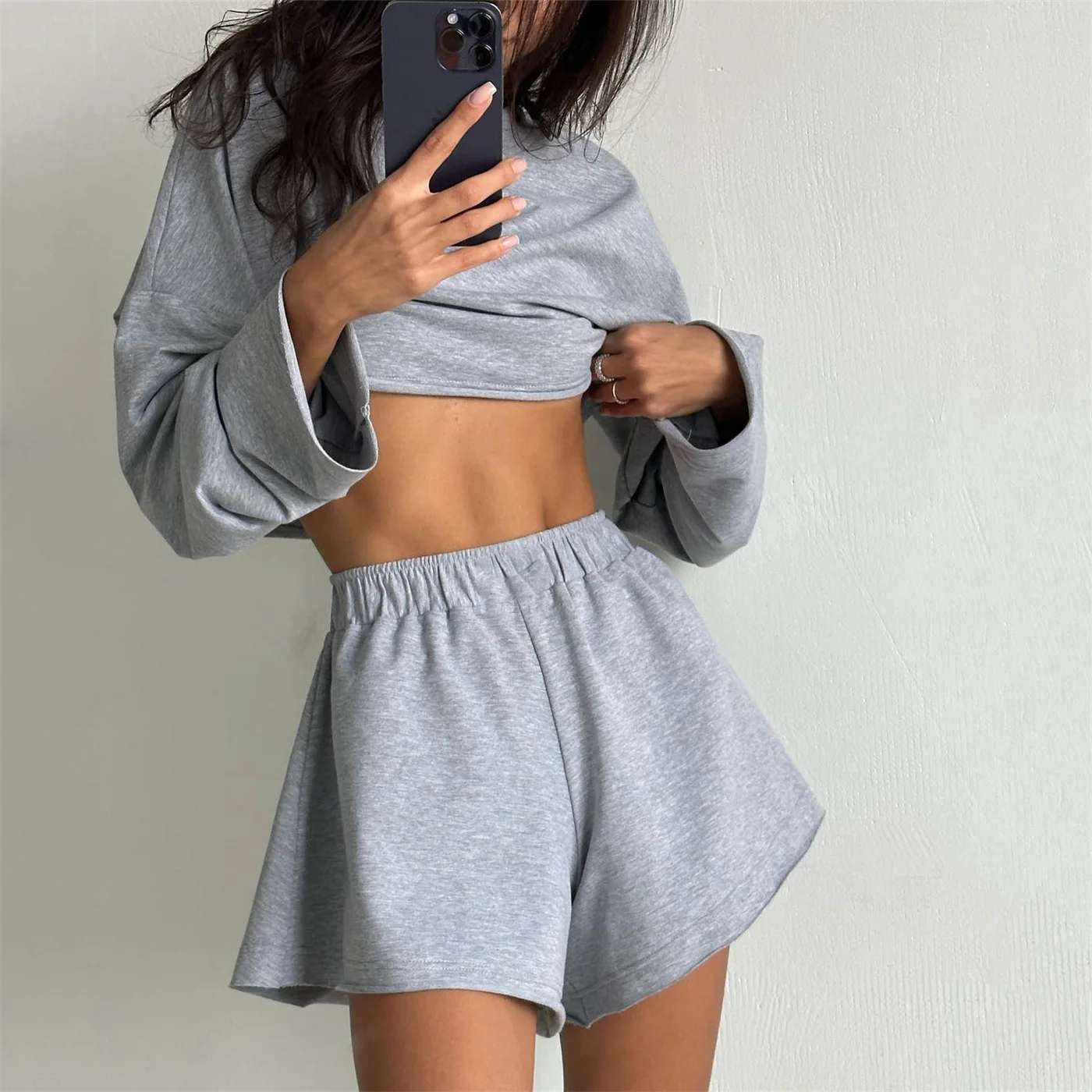 Long Sleeve Tee Sweatshirt Cropped Tops Women's Clothing Fashion 2 Pieces Shorts Set Casual Outfits Autumn Clothes Ladies 2023