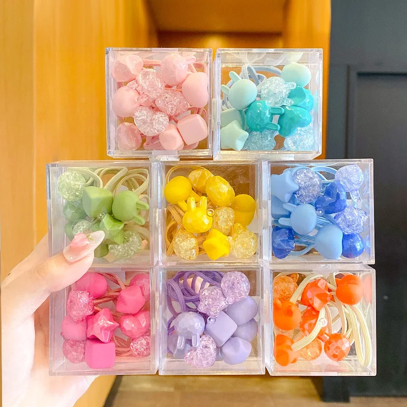 【10-Piece Set】Boxed Super Cute Headwear Candy-Colored Children's Cartoon Hair Rubber Band Crystal Ball Scrunchies Headdress