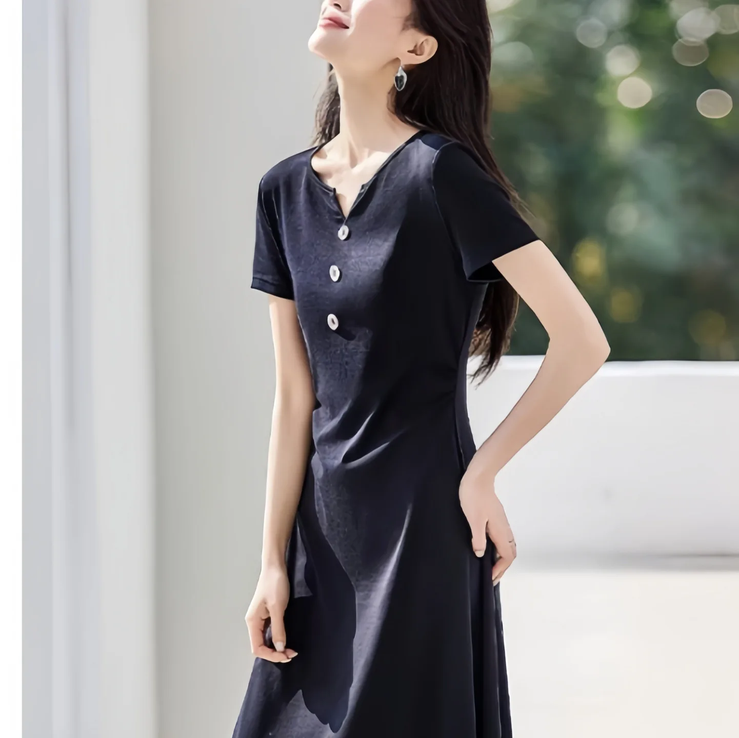 Slimming Mid-Length V-Neck Little Black Dress Anti-Ballant Knitted Dress Versatile Stylish A-Line Skirt for Daily Wear