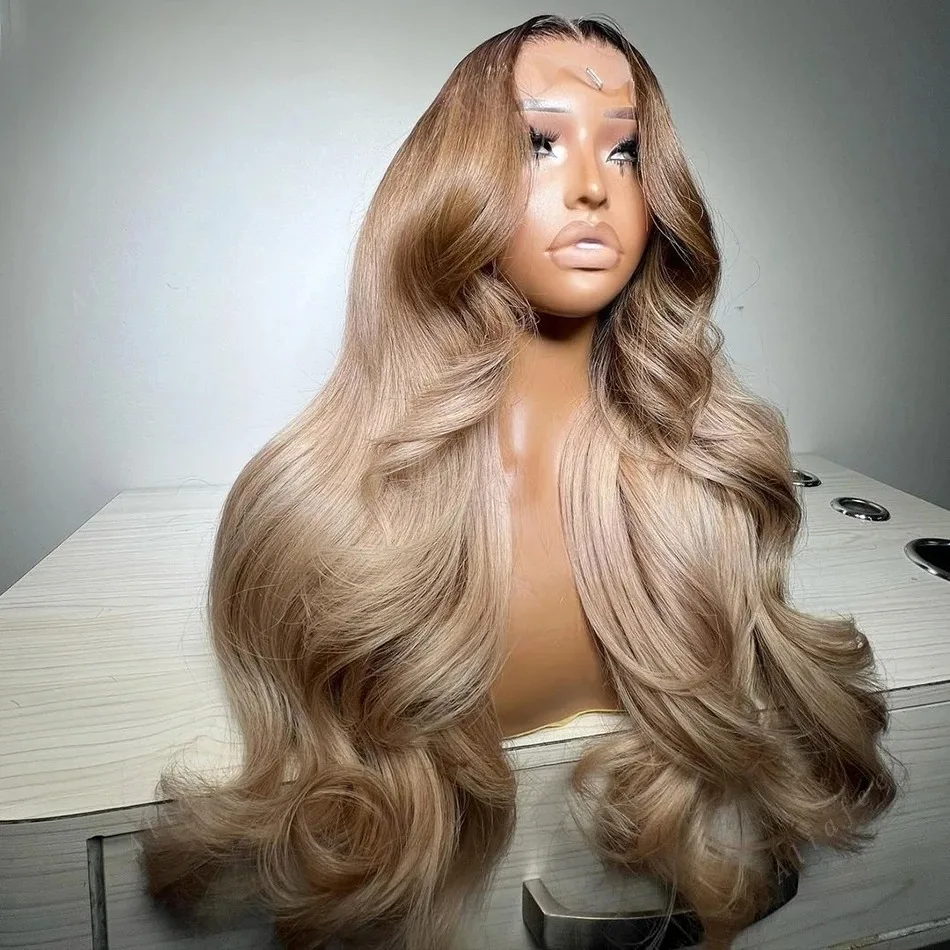 

Синтетический парик Ombre Ash Blonde Body Wave с кружевной передней частью 13X4 HD, с темными корнями, высококачественный, предварительно проработанный, без клея, для повседневного ношения