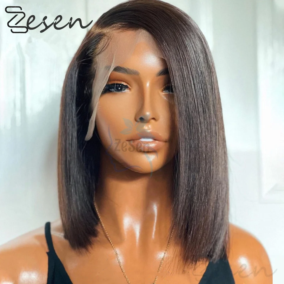 Silk base Short Bob Straight Lace Front Wig For Women 180% Denisty Heat Resistant Silk top Hair Wigs Pre-Plucked Lace Wigs