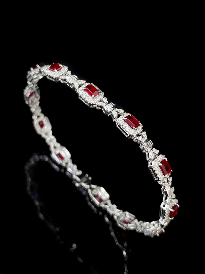 LUOWEND 18K White Gold Bracelet Fashion Elegant Design Real Natural Ruby Bracelet for Women Shiny Diamond High Party Jewelry