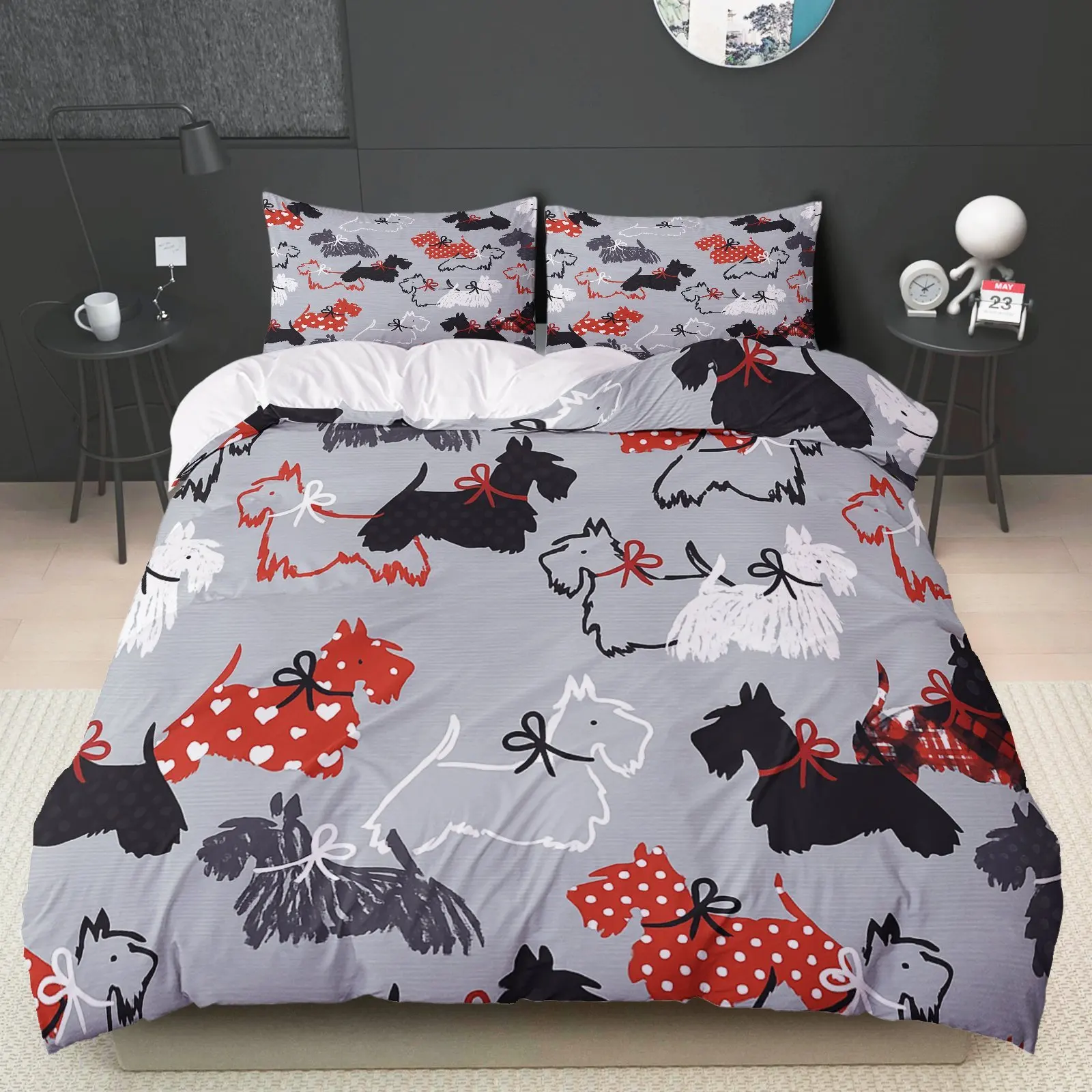Christmas Duvet Cover Set Scottish Bulldog Machine Washable 100% Polyester Duvet Cover Ultra Soft Brushed Bedding for Bedroom Hotel Dormitory