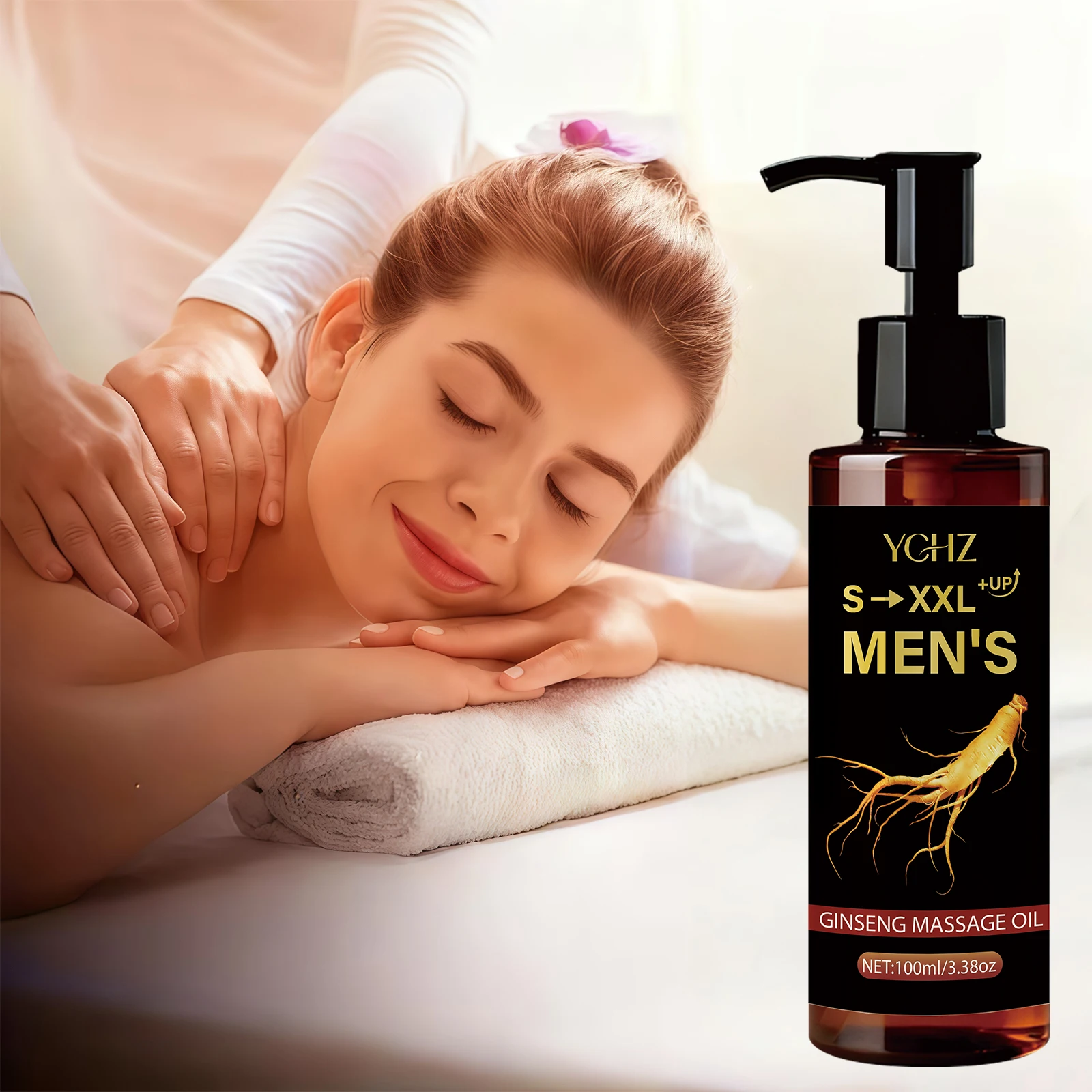 Óleo de Massagem Masculino com Ginseng, Hidratante Profundo e Firmador na Cor Bege Claro, Rico em Ácido Hialurônico e Vitamina E (Tocoferol), Fórmula Nutritiva com Manteiga de Karité e Óleos de Massagem de Coco para Melhor Absorção - 100ml