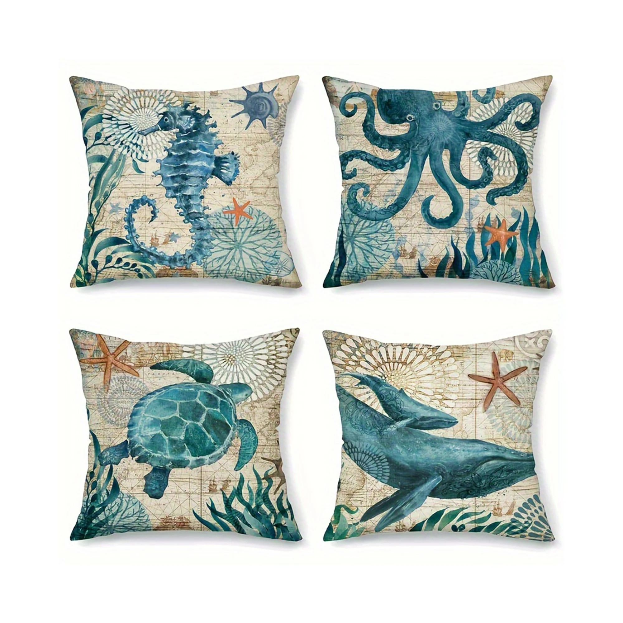 1pc Ocean series Single Side Square Seahorse Whale Starfish Turtle Blue Ocean Square Throw PillowCover Linen Material