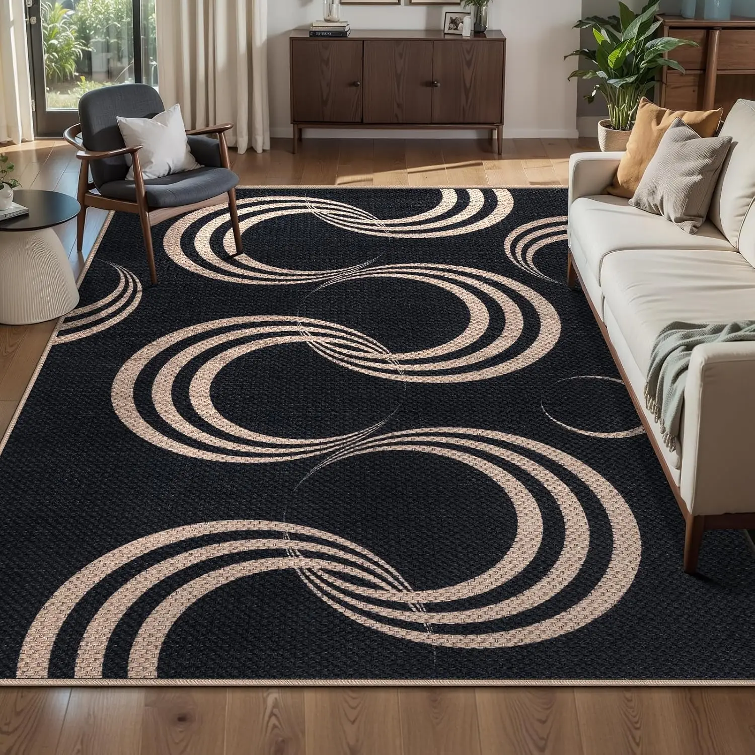 1pc 2D Flat Black Curved Circle Geometric Printed Floor Mat, Decorative Rug for Living Room, Bedroom, Home