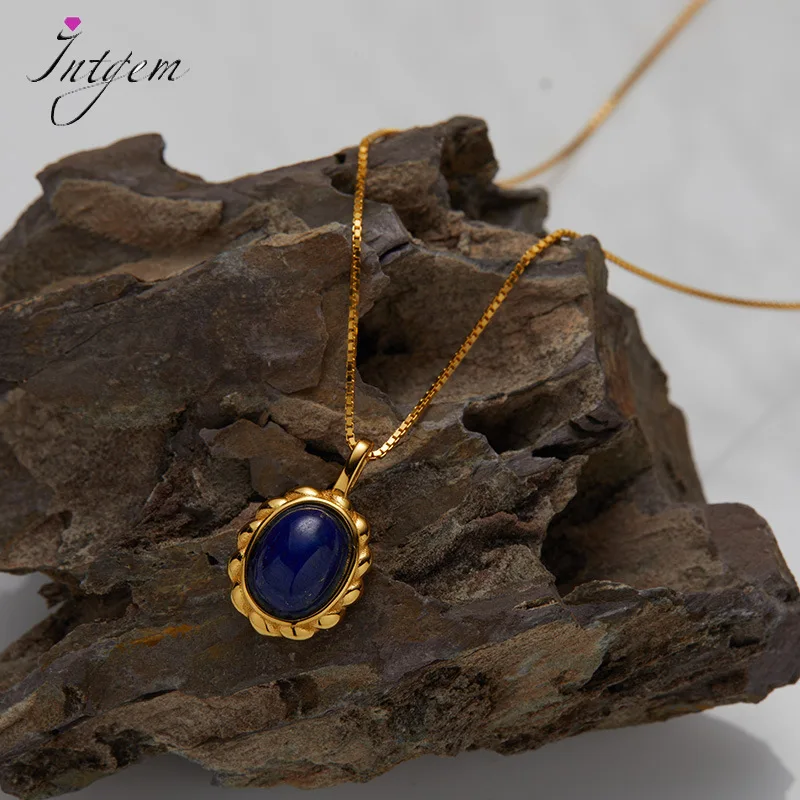 

S925 Sterling silver Women Necklace with Oval Natural stone Moonstone Tiger's eye Lapis Lazuli Vintage Luxury Pendant for Women