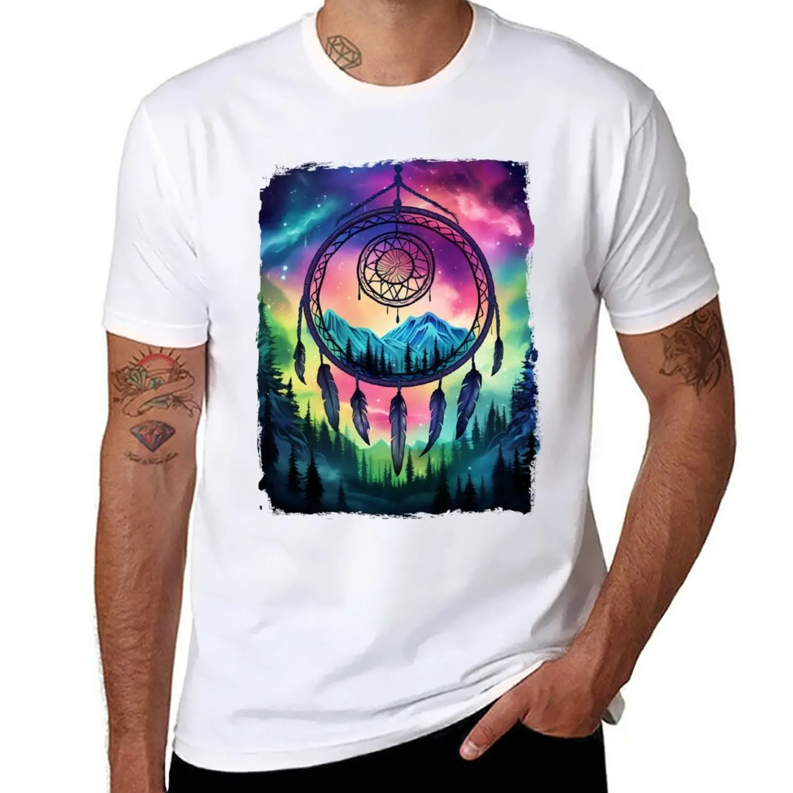 New Dreamcatcher Under Northern Light Aurora Borealis Scenery Mountains Rivers Trees T-Shirt graphic t shirt mens funny t shirts