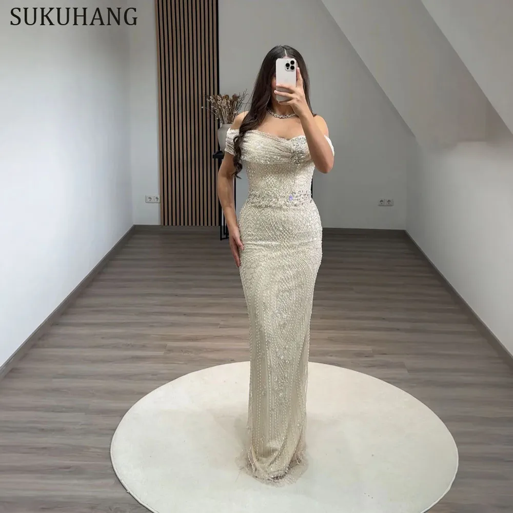 

SUKUHANG Вечерние платья русалки цвета слоновой кости с короткими рукавами и бисером Дубай Длинные платья для выпускного вечера по индивидуальному заказу