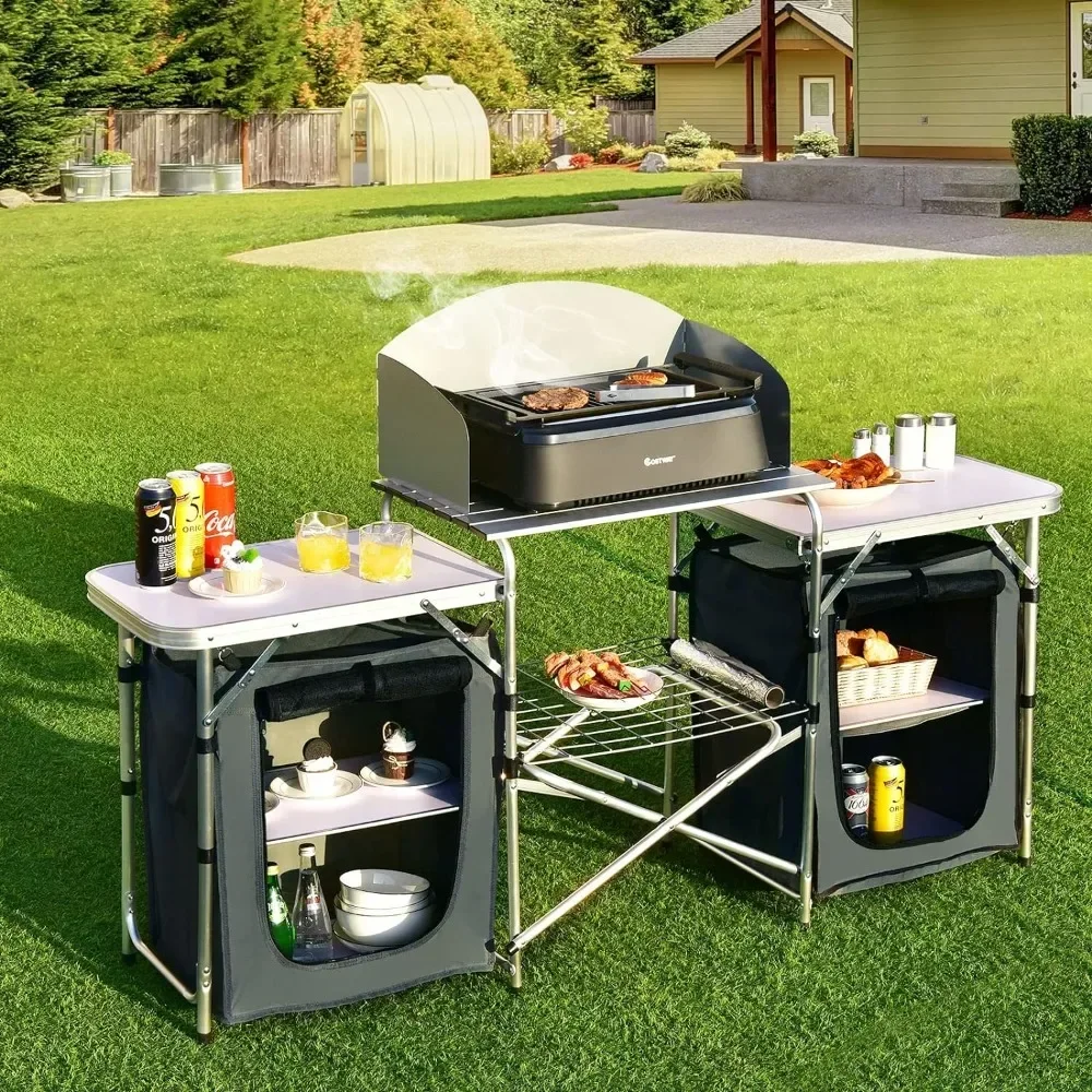 

Camping Table, with Storage, Aluminum Portable Outdoor Cooking Tables, with Windscreen, Folding Camping Kitchen Table