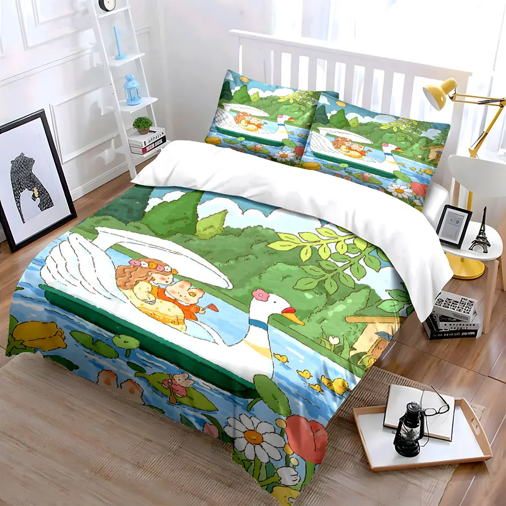 Swan boat on a cozy, playful lake Pattern Duvet Cover Set Digital Print Colorful Polyester Bedding with Zipper Closur for gifts