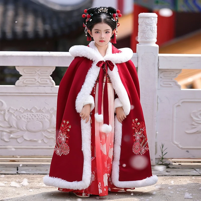 

2025 год, фея Ханфу для девочек с плащом, детский зимний теплый костюм Тан с вышивкой, платье, детский подарок на день рождения, китайская новогодняя одежда