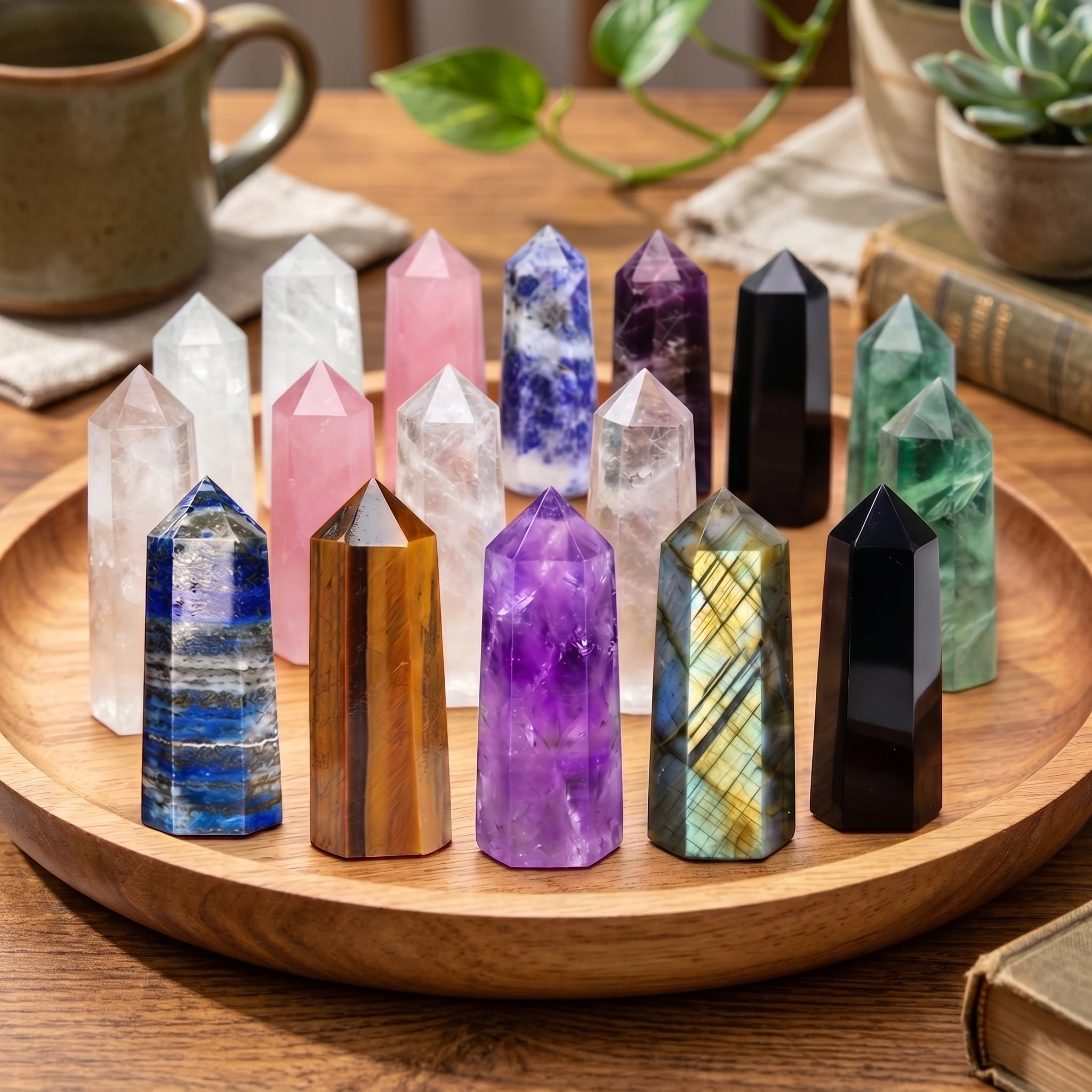Natural Crystal Tower Point Set 10Pcs 6 Faceted Obelisk Wand Clear Quartz Rose Quartz Sodalite Amethyst Labradorite Lapis Lazuli Tiger Eye Fluorite Obsidian Green Fluorite Home Decor Desk Ornament Room Decor Collectible Specimen Christmas Gift Gift Set
