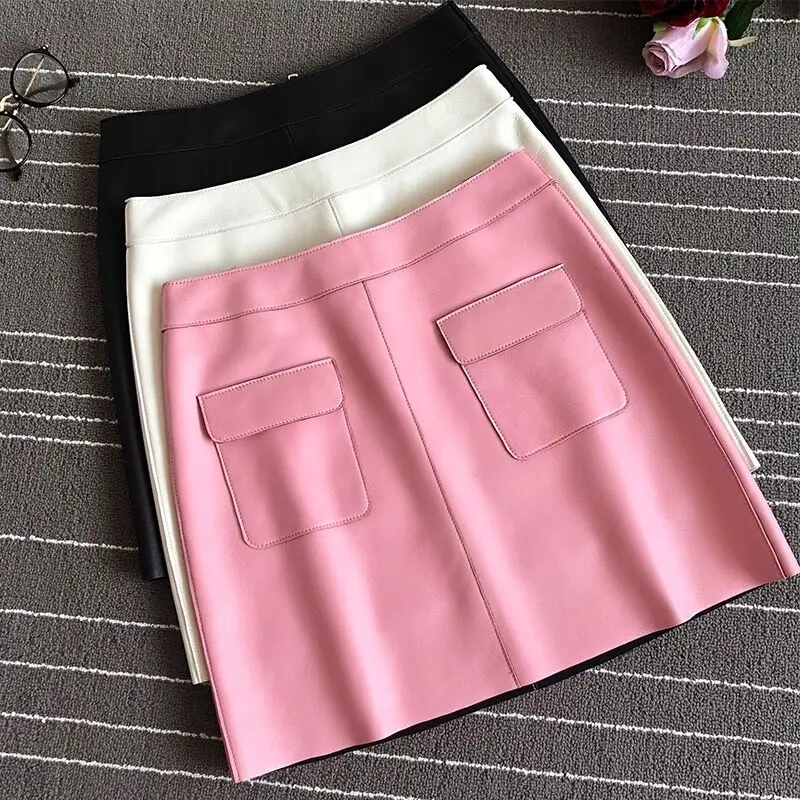 

Real Leather Sexy Mini A-line Skirt Women 2023 Spring Fashion High Waist Skirt Poket Fashion 2023 Sheepskin Pink/White