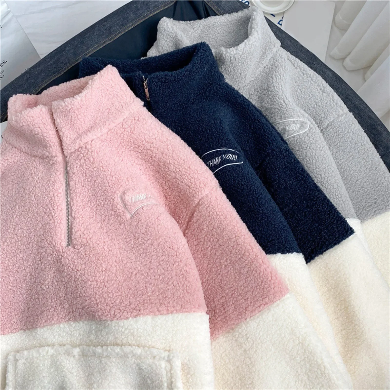 

Winter Warmth Polar Fleece Clothes Sweatshirt Harajuku Embroidered Half Zipper Women's Loose Pocket Pullover Hoodies Streetwear