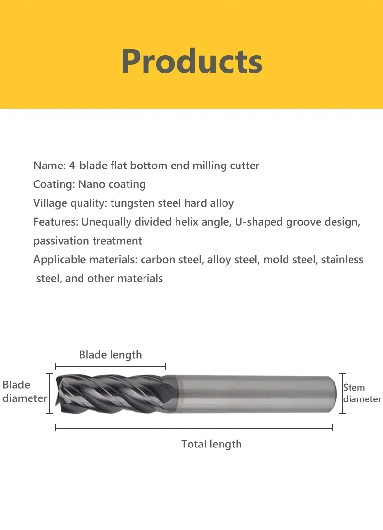 WOY HRC70 CNC Carbide End Mill Tungsten Cutter 4Flute Metal Steel Machining Tool 1-4 6 8 10 12 Shank Key Face Square Router Bit