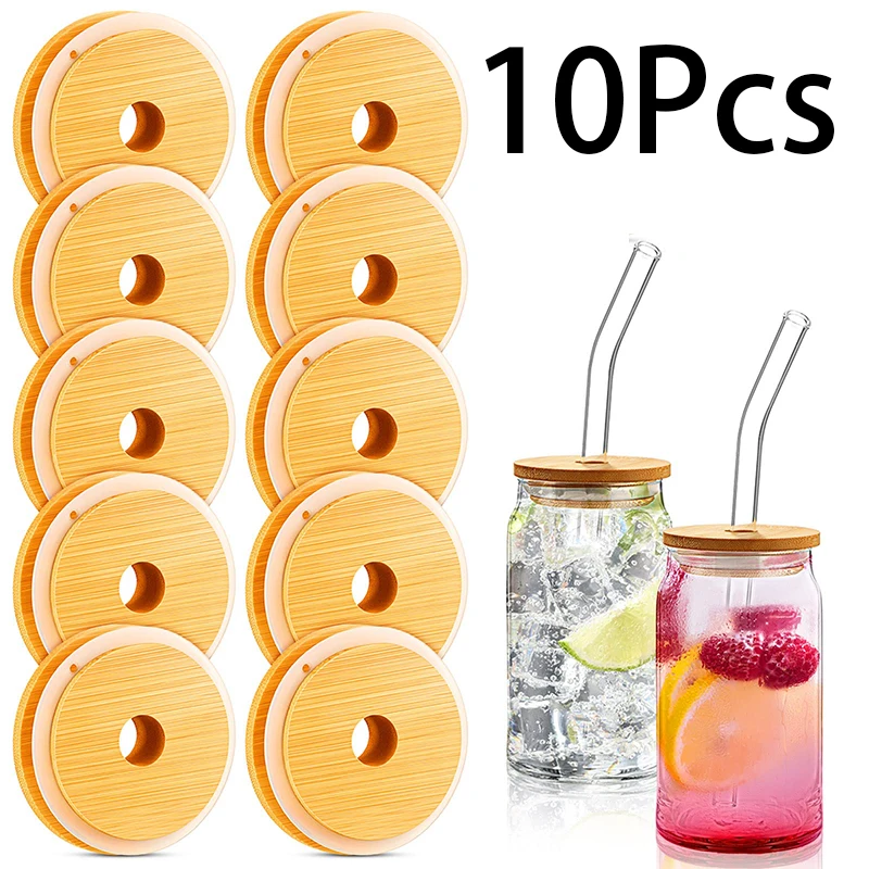 

10Pcs Reusable Bamboo Jar Lids, Straw Hole for Wide Mouth Mason Jar, 70mm, 86mm