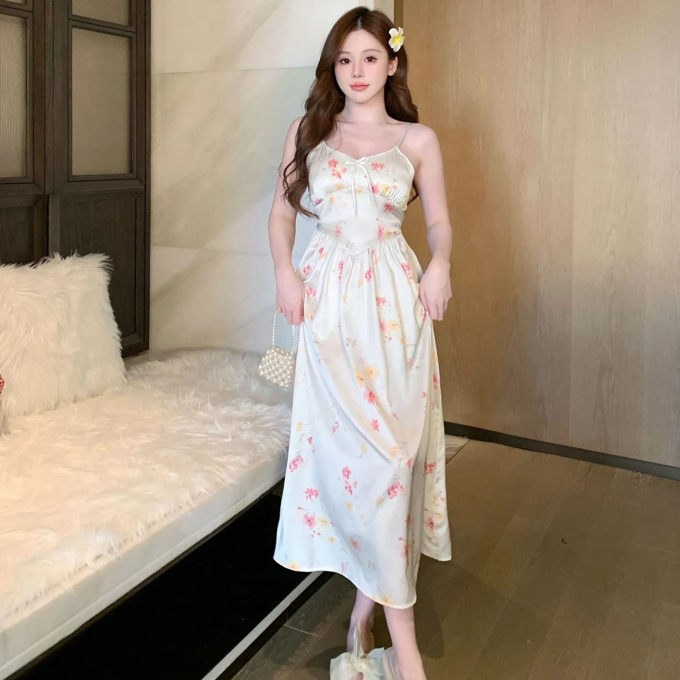 

Female Long Nightgown Sleepwear Sexy Print Satin Suspender Nightdress Summer Ice Silk Home Wear
